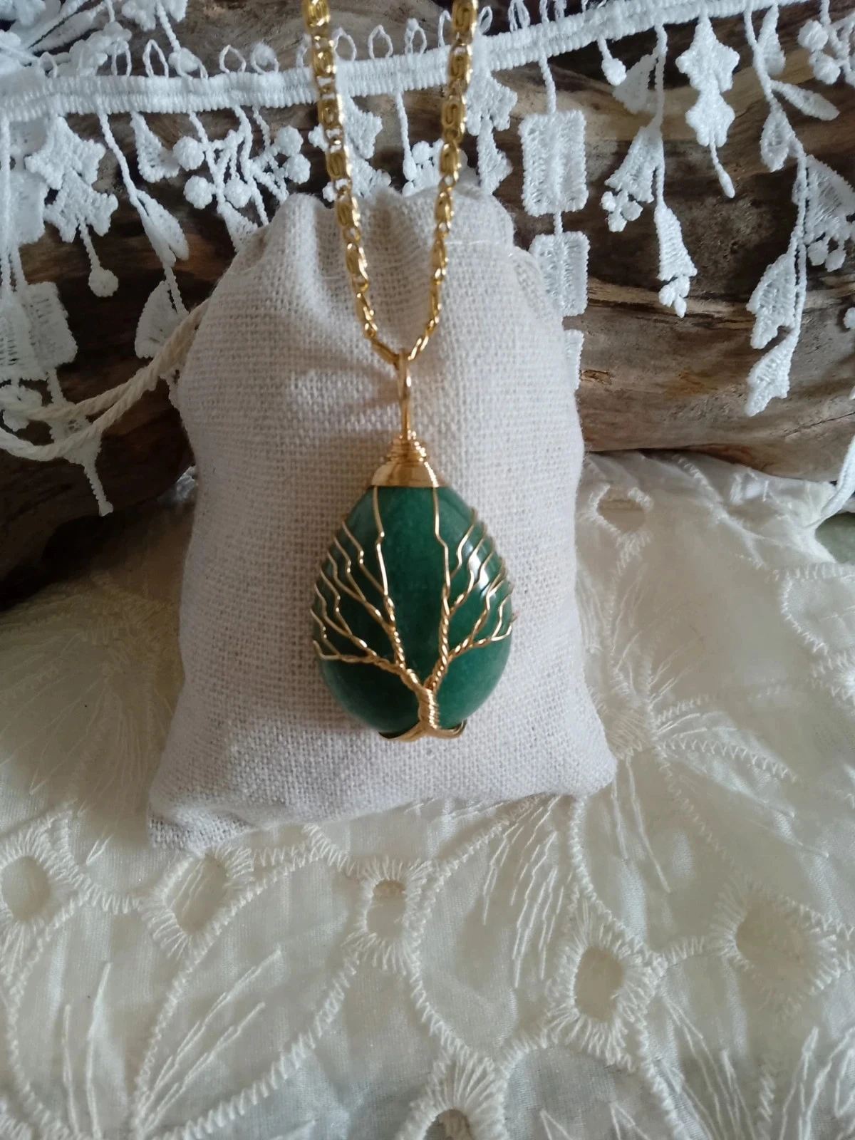 Collier pendentif en pierre d'aventurine verte arbre de vie
